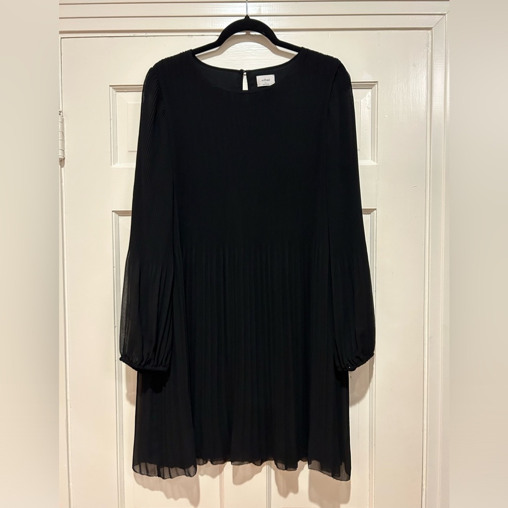 Black Midi Dress Long Sleeve - pleat detail